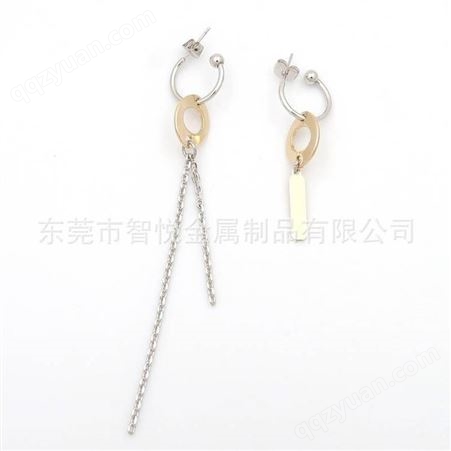 DIY长短钻链条耳环设计黄铜镀金小众个性流行不对称时尚耳吊饰品
